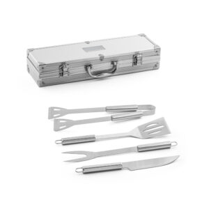 ANNATTO. Kit churrasco em estojo de alumínio com 4 utensílios em aço inox