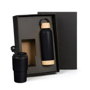 KIT GARRAFA PAREDE DUPLA E COPO TÉRMICO - PRETO - 2 PÇS