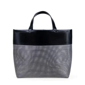 SACOLA DE PRAIA/PIQUENIQUE EM PVC E MATERIAL SINTÉTICO - PRETO / XADREZ PRATA - 48X33X13 CM